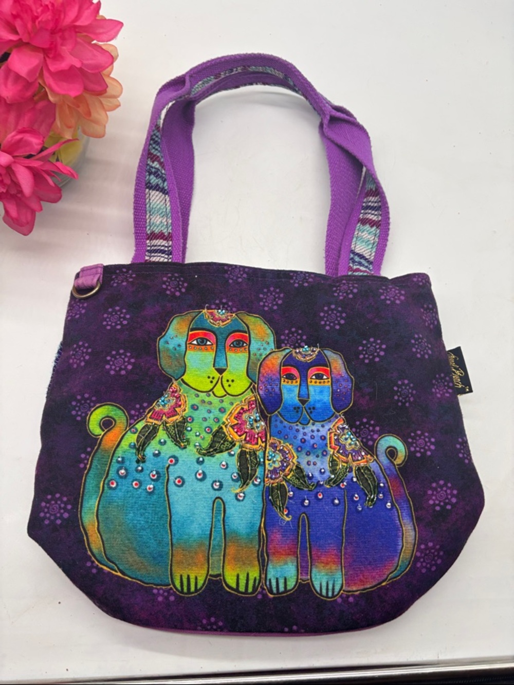 Laurel Burch Boho Purple Canvas Tote with Colorful Dog Artwork